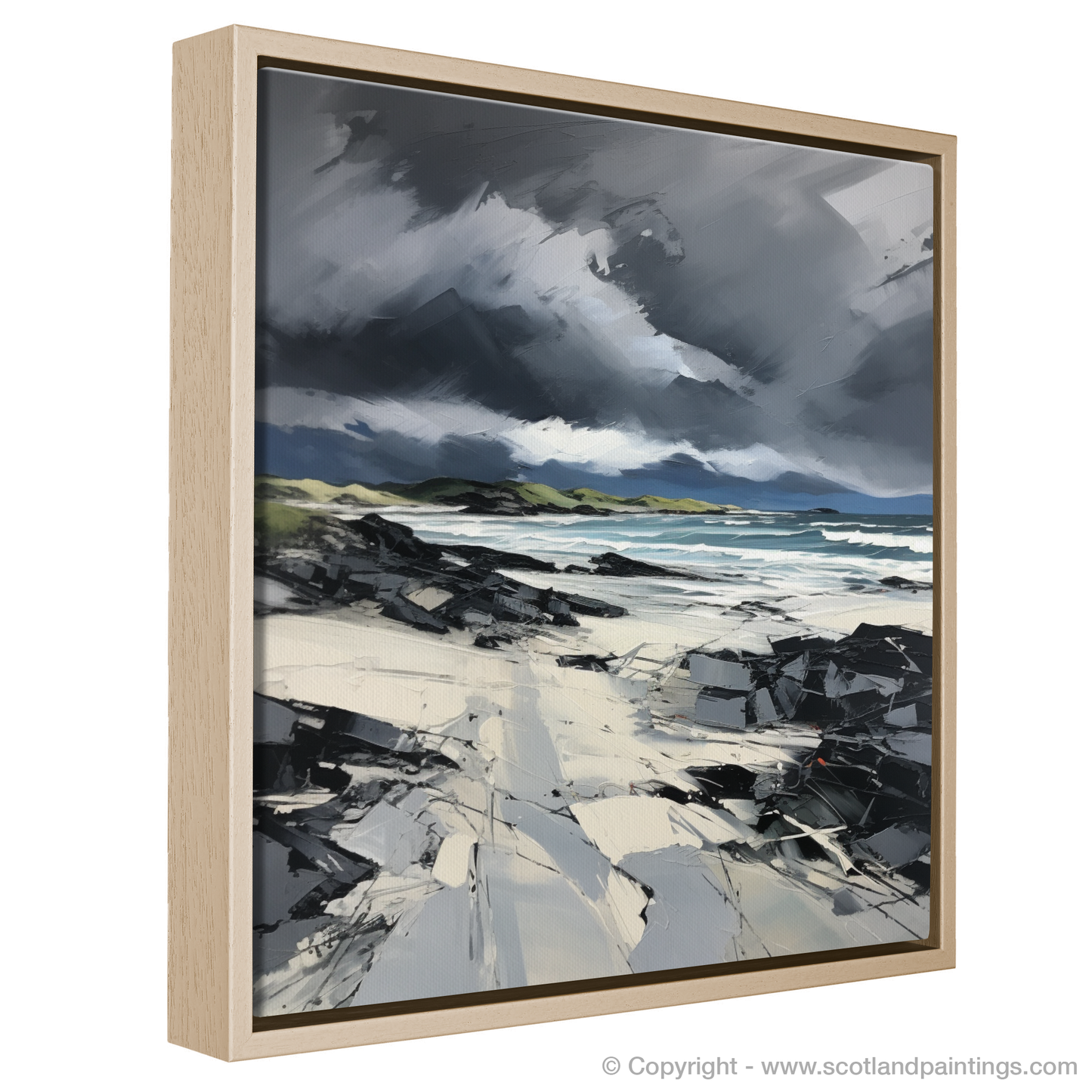 Painting and Art Print of Camusdarach Beach with a stormy sky entitled "Storm's Dance over Camusdarach Beach".