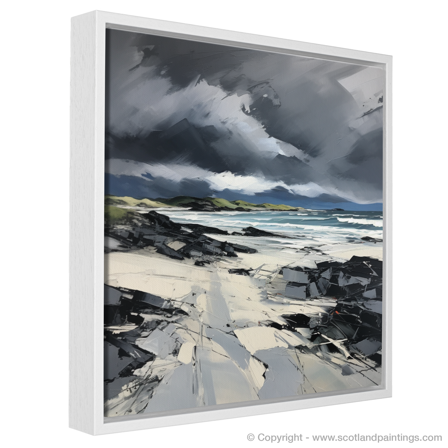 Painting and Art Print of Camusdarach Beach with a stormy sky entitled "Storm's Dance over Camusdarach Beach".