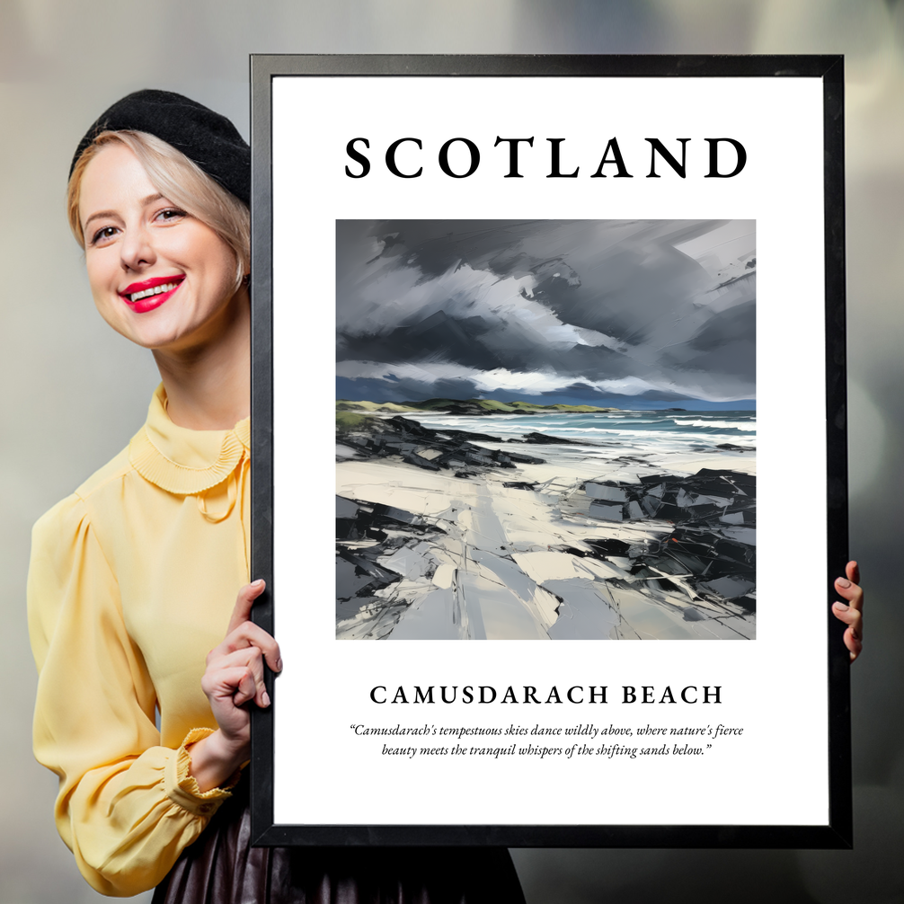 Person holding a poster of Camusdarach Beach