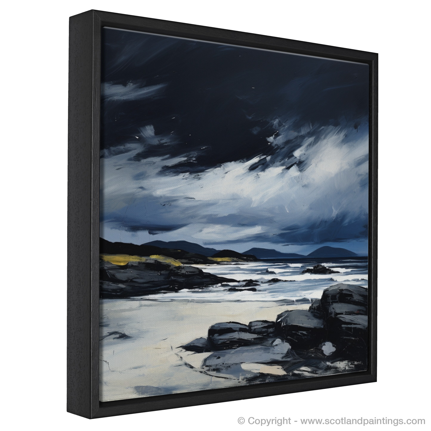 Painting and Art Print of Camusdarach Beach with a stormy sky entitled "Storm's Embrace at Camusdarach Beach".