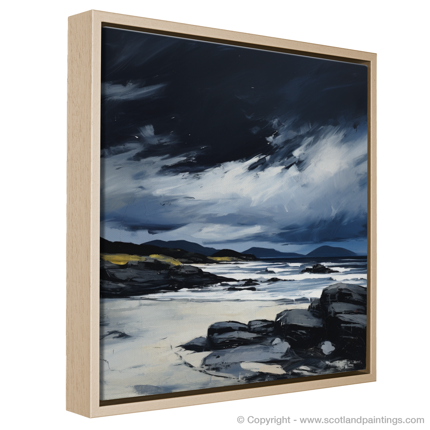 Painting and Art Print of Camusdarach Beach with a stormy sky entitled "Storm's Embrace at Camusdarach Beach".