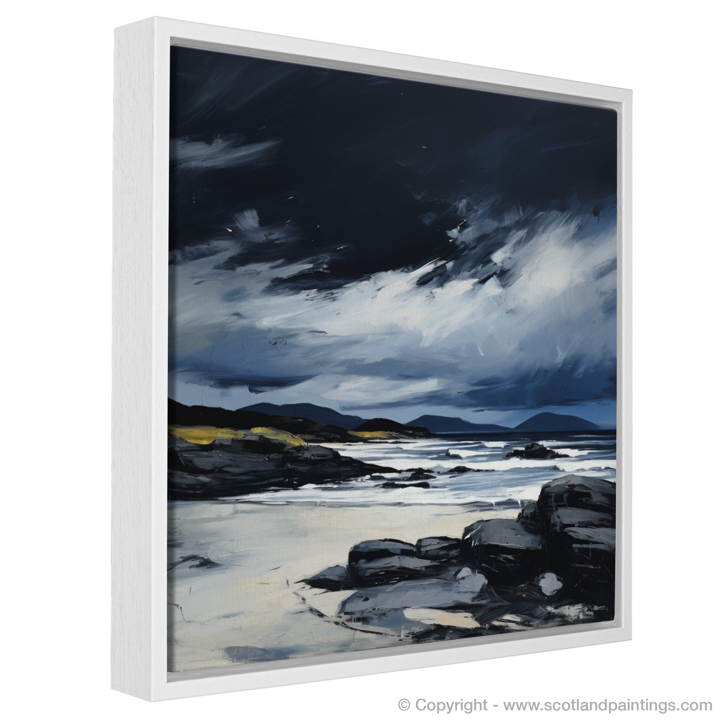 Painting and Art Print of Camusdarach Beach with a stormy sky entitled "Storm's Embrace at Camusdarach Beach".