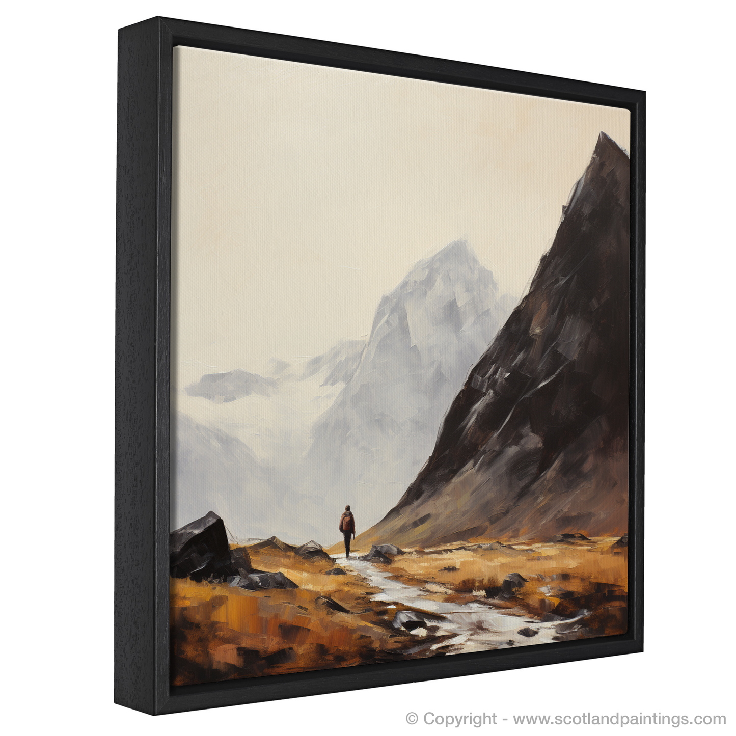 Painting and Art Print of A lone hiker in Glencoe entitled "Solitary Hiker: An Expressionist Ode to Glencoe's Wild Beauty".