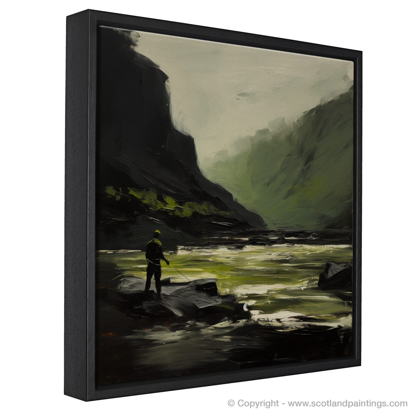 Painting and Art Print of A man fishing on a Scottish River entitled "Solitary Angler on the Wild Scottish River".