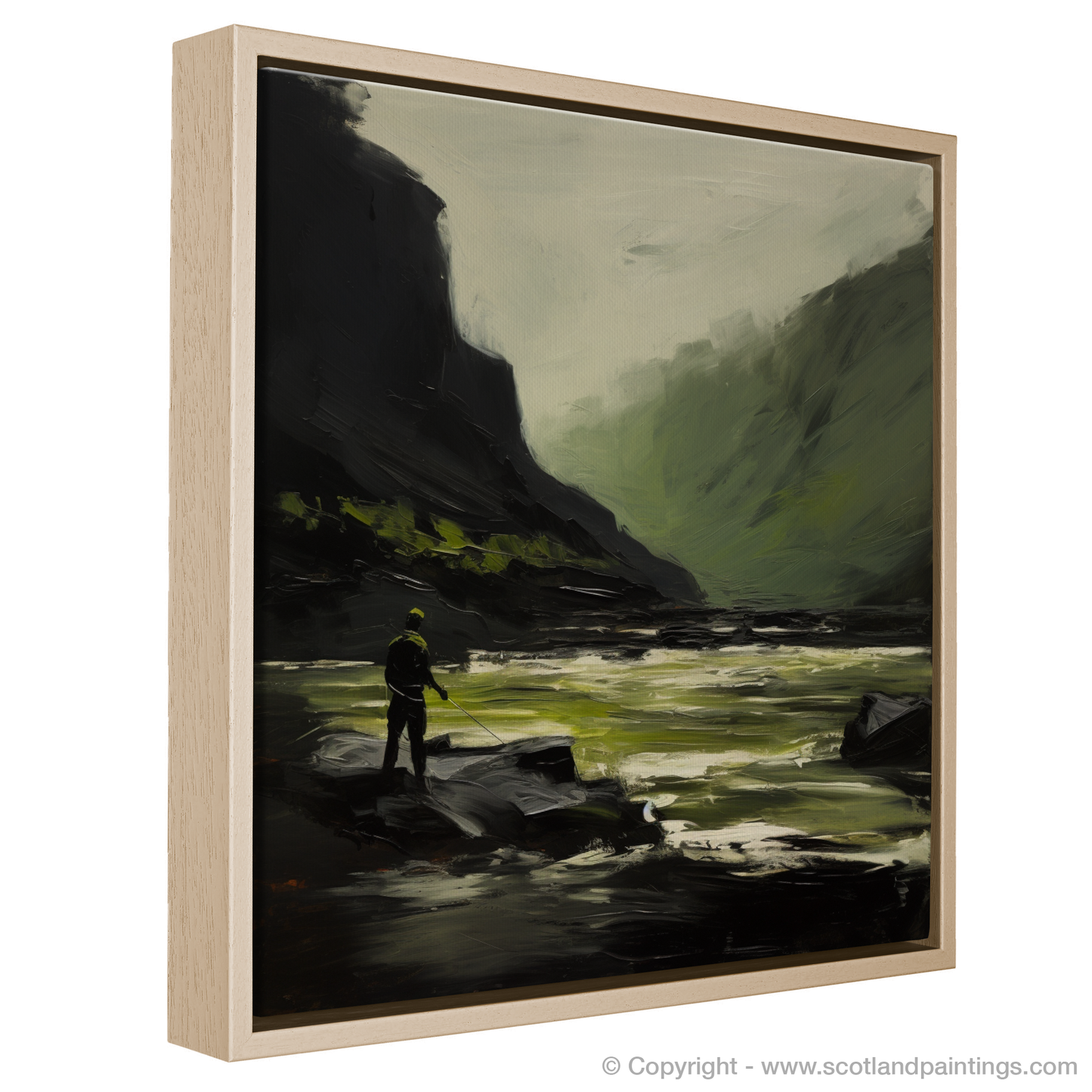 Painting and Art Print of A man fishing on a Scottish River entitled "Solitary Angler on the Wild Scottish River".