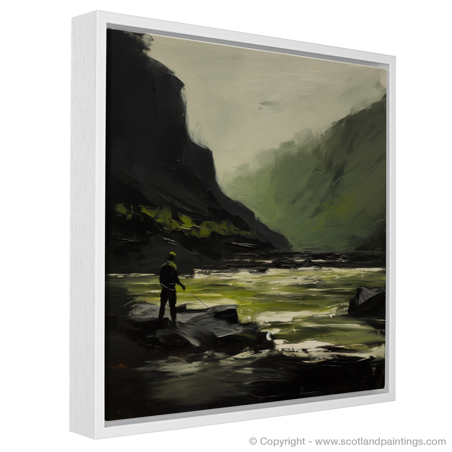 Painting and Art Print of A man fishing on a Scottish River entitled "Solitary Angler on the Wild Scottish River".