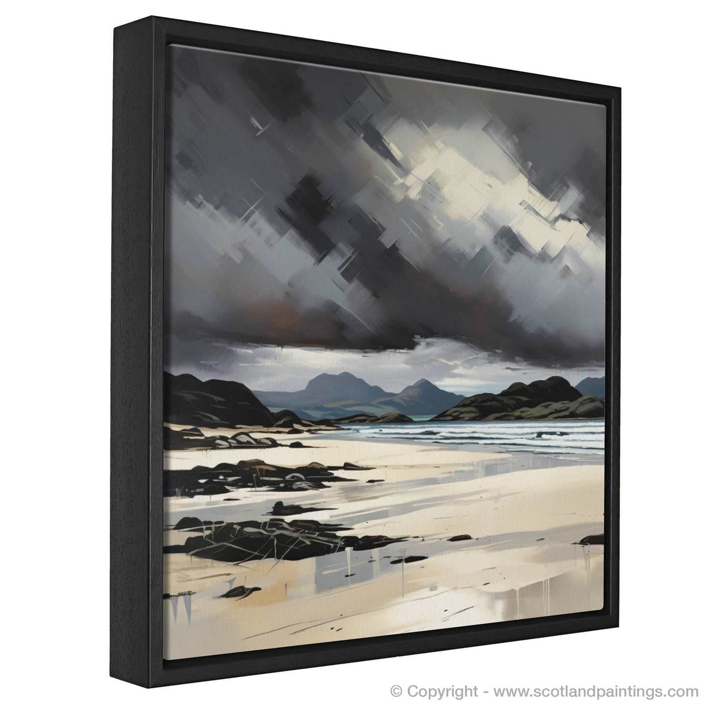 Painting and Art Print of Mellon Udrigle Beach with a stormy sky entitled "Storm over Mellon Udrigle Beach: An Expressionist Ode to Scottish Coastlines".