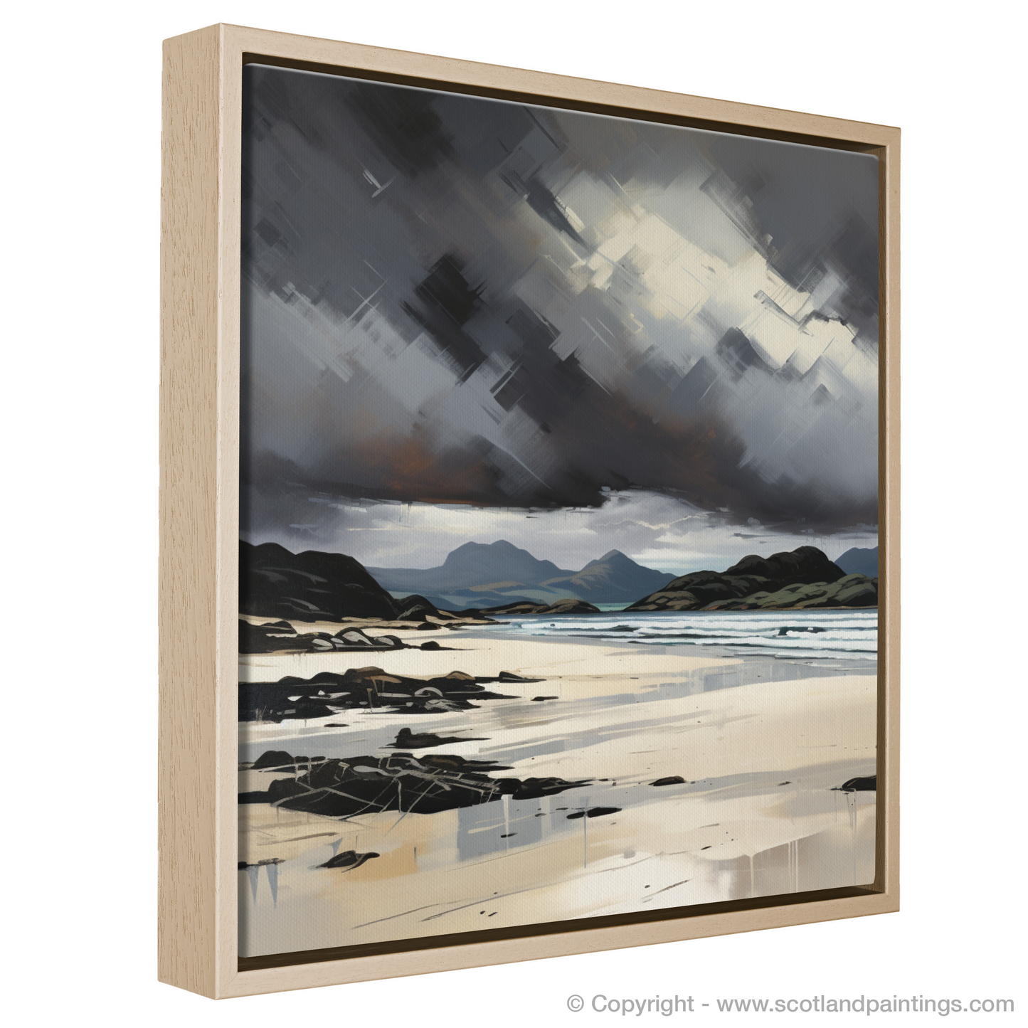 Painting and Art Print of Mellon Udrigle Beach with a stormy sky entitled "Storm over Mellon Udrigle Beach: An Expressionist Ode to Scottish Coastlines".