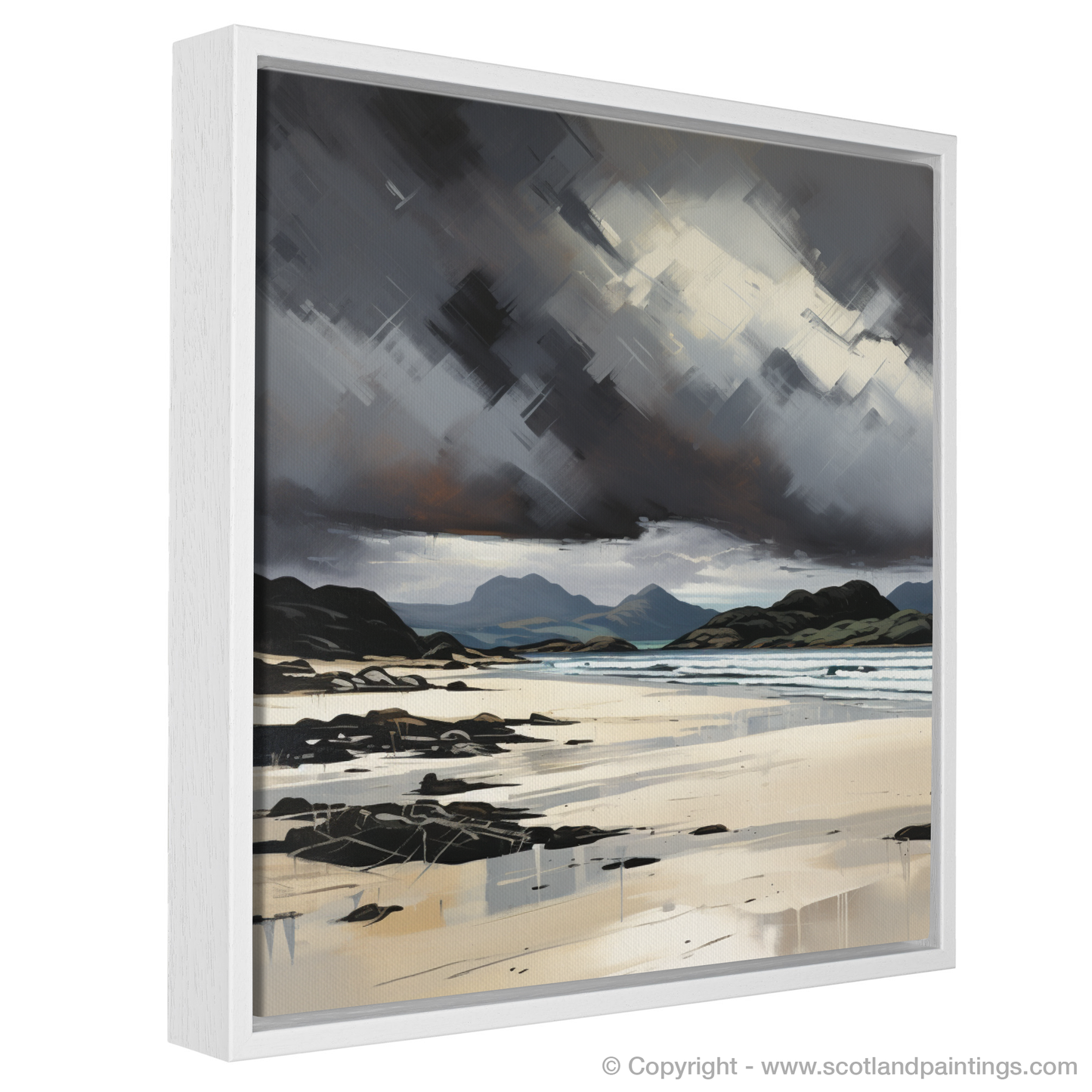 Painting and Art Print of Mellon Udrigle Beach with a stormy sky entitled "Storm over Mellon Udrigle Beach: An Expressionist Ode to Scottish Coastlines".