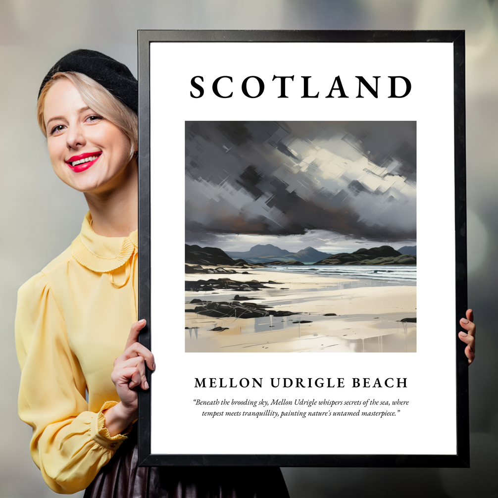 Person holding a poster of Mellon Udrigle Beach