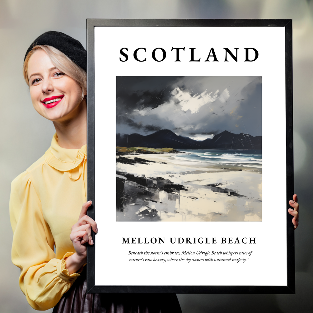 Person holding a poster of Mellon Udrigle Beach