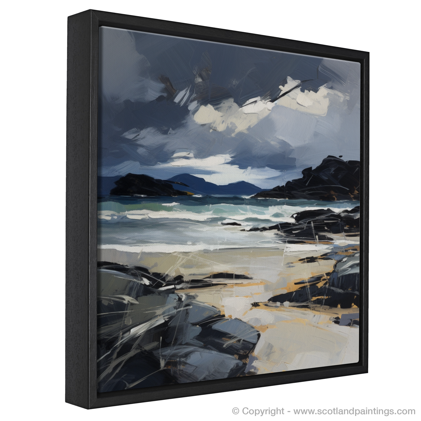 Painting and Art Print of Mellon Udrigle Beach with a stormy sky entitled "Storm Over Mellon Udrigle: An Expressionist Tribute to Scottish Shores".