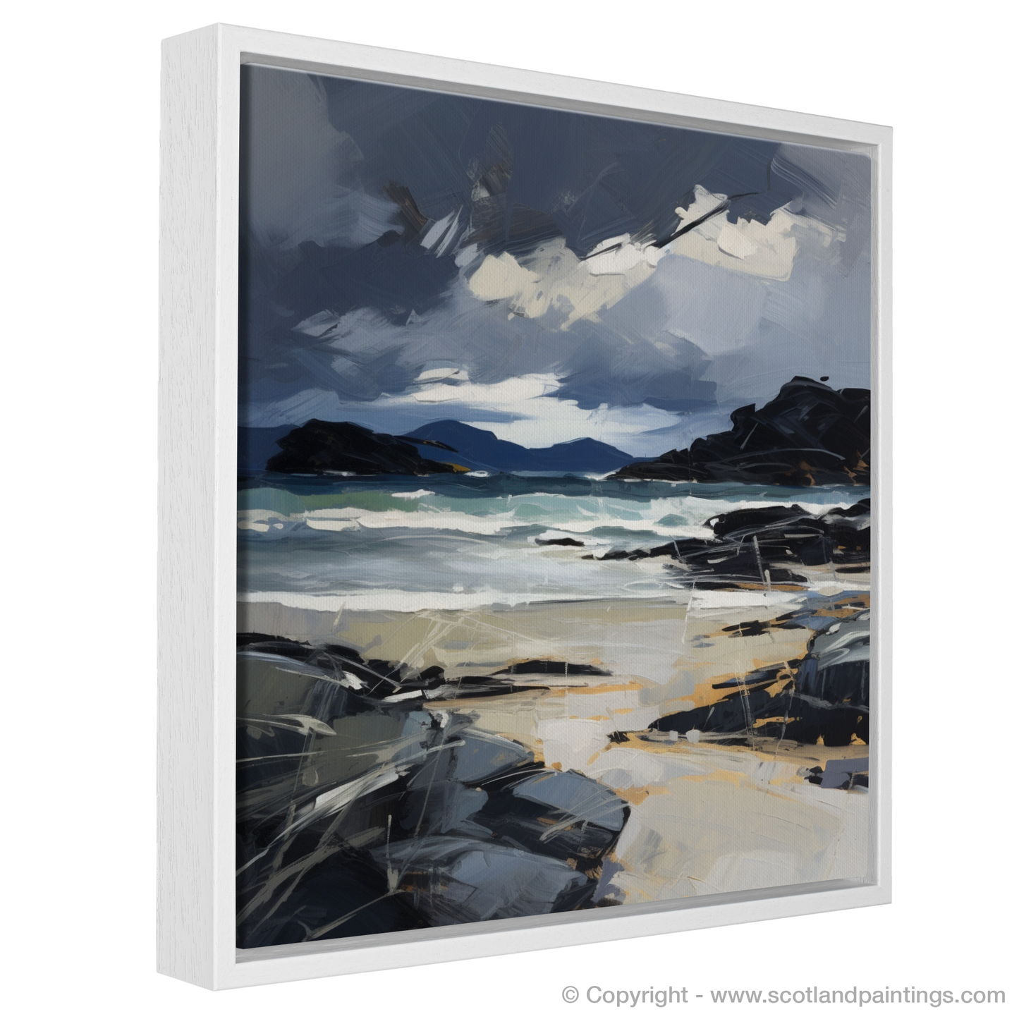 Painting and Art Print of Mellon Udrigle Beach with a stormy sky entitled "Storm Over Mellon Udrigle: An Expressionist Tribute to Scottish Shores".