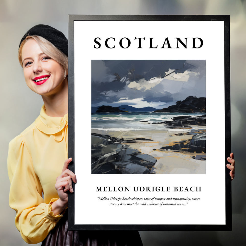 Person holding a poster of Mellon Udrigle Beach