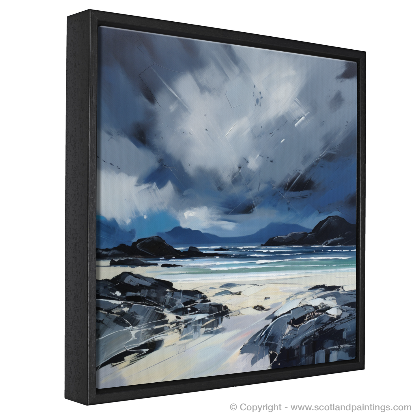 Painting and Art Print of Mellon Udrigle Beach with a stormy sky entitled "Storm's Embrace at Mellon Udrigle Beach".