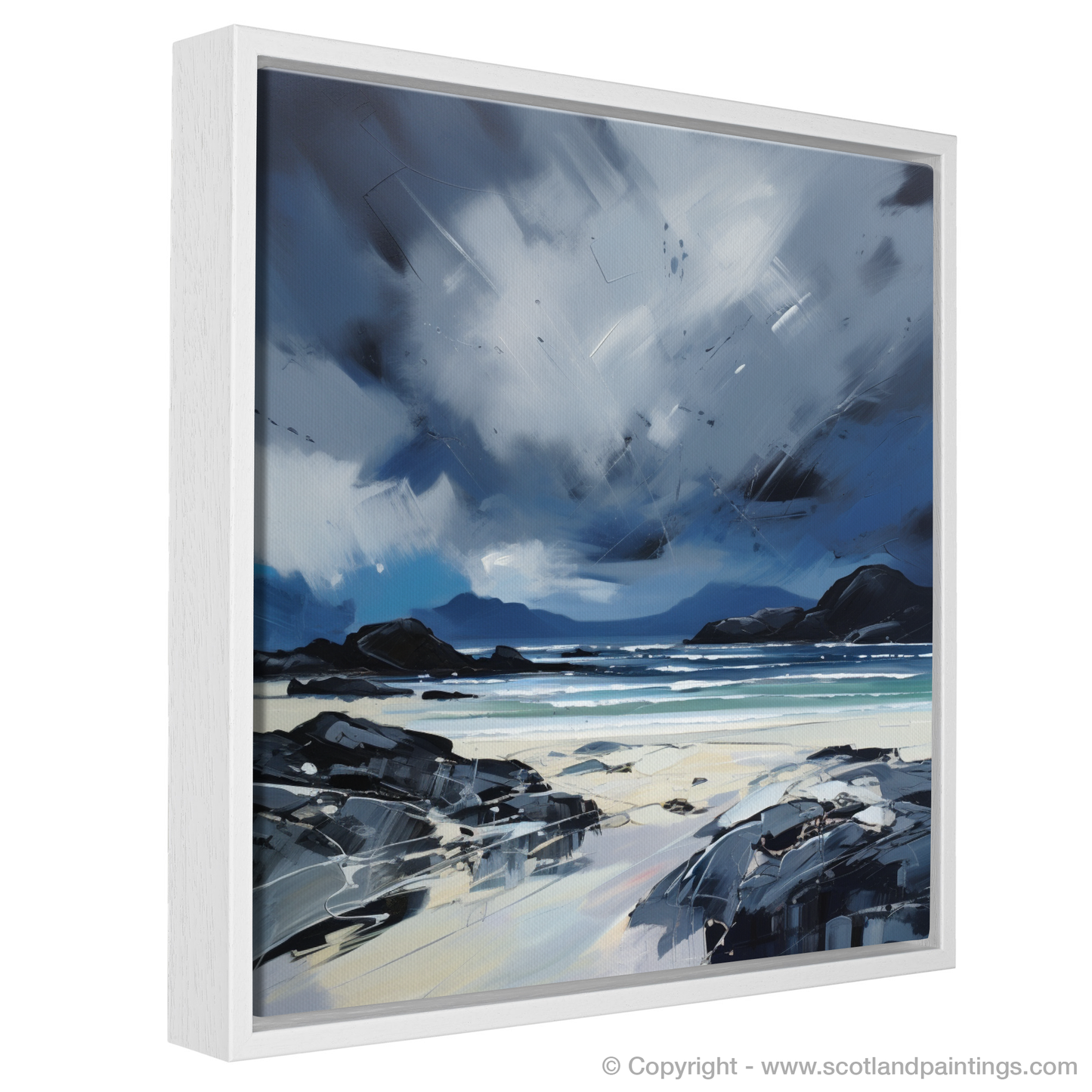 Painting and Art Print of Mellon Udrigle Beach with a stormy sky entitled "Storm's Embrace at Mellon Udrigle Beach".