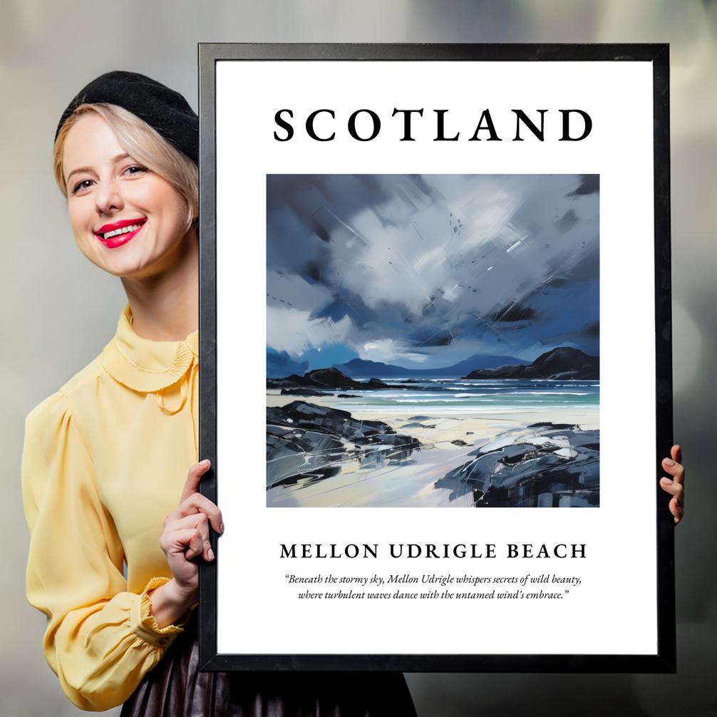 Person holding a poster of Mellon Udrigle Beach