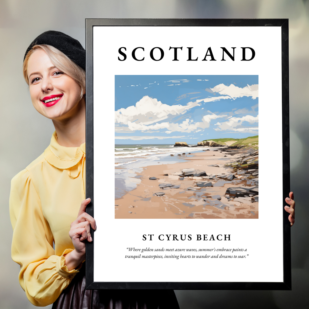 Person holding a poster of St Cyrus Beach