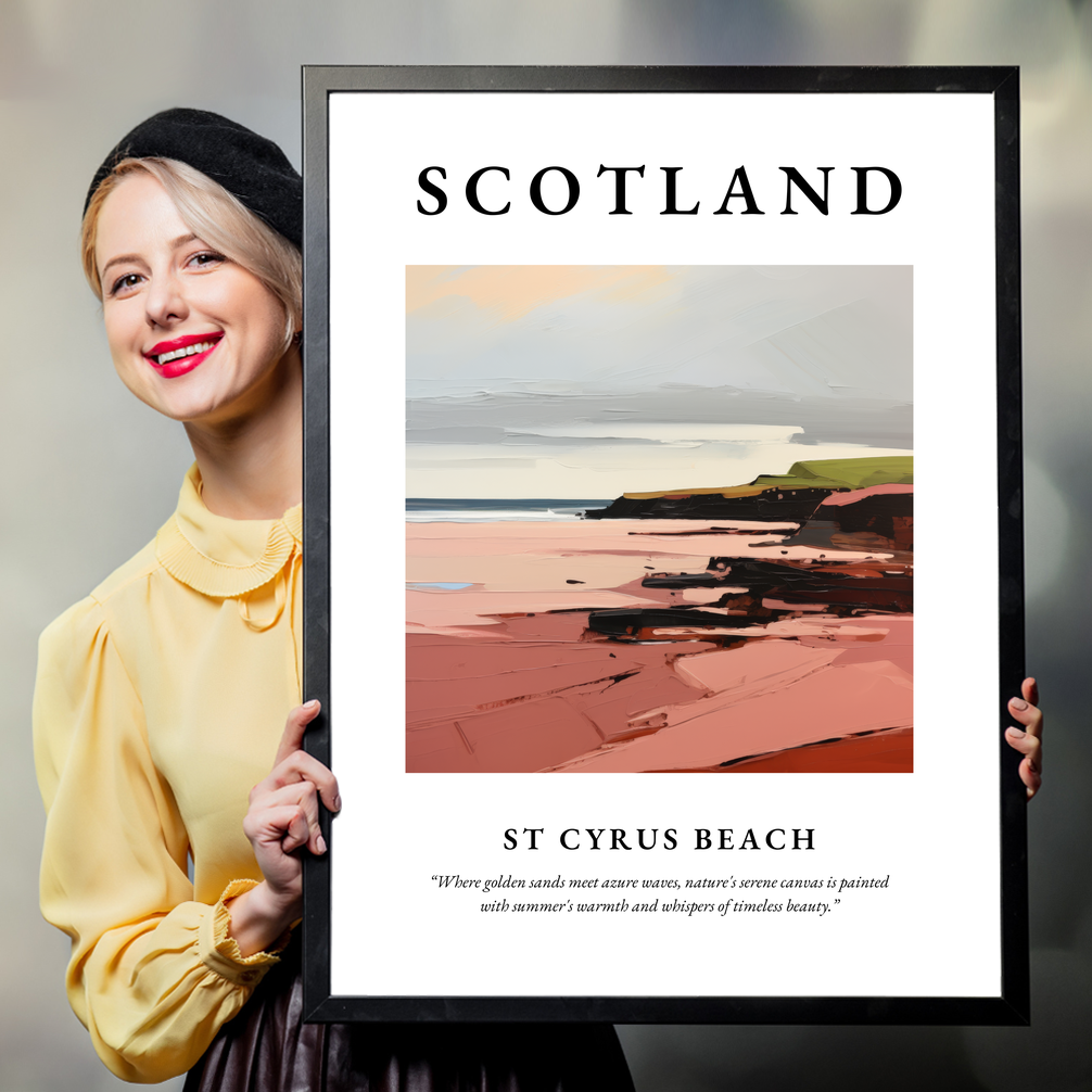 Person holding a poster of St Cyrus Beach