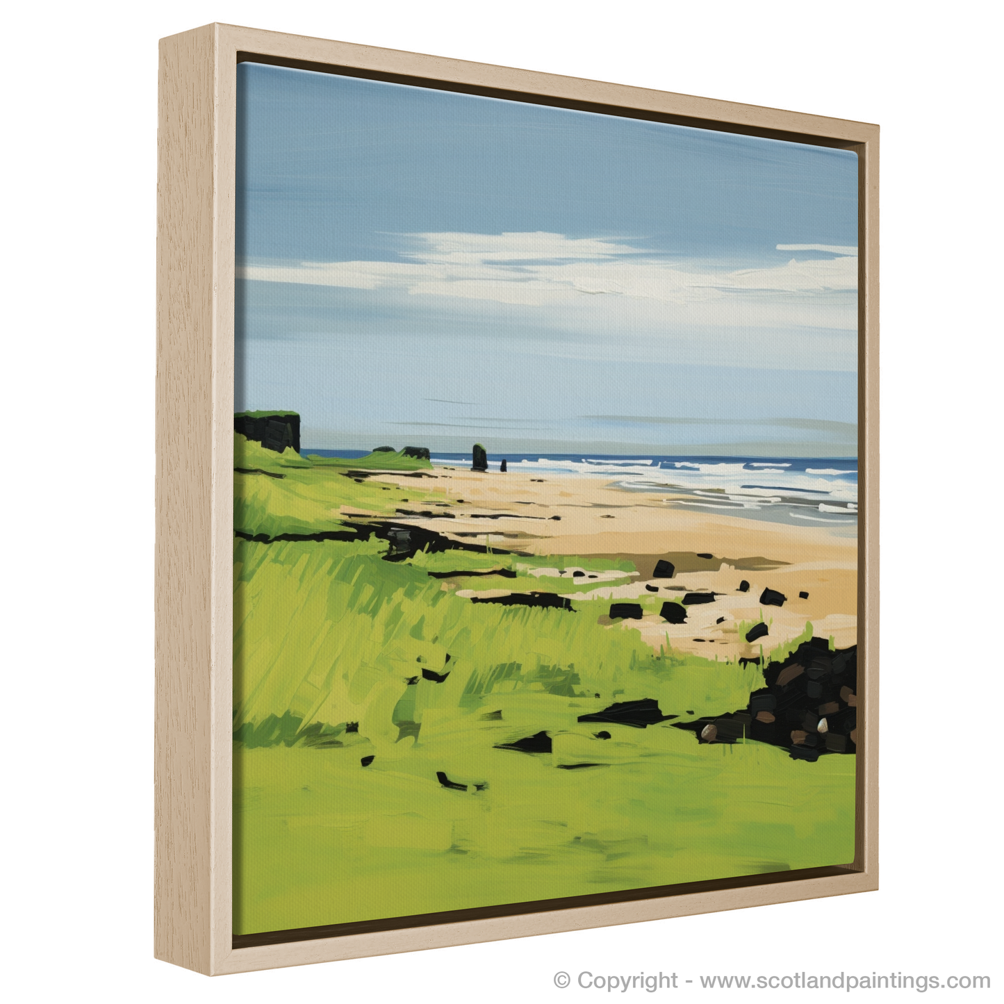 Painting and Art Print of St Cyrus Beach, Aberdeenshire in summer entitled "Summer Essence of St Cyrus Beach".