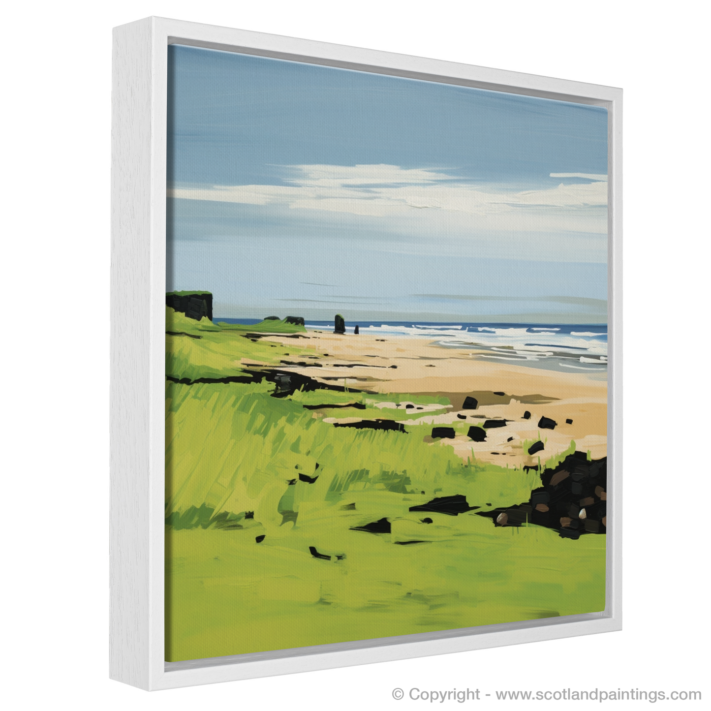 Painting and Art Print of St Cyrus Beach, Aberdeenshire in summer entitled "Summer Essence of St Cyrus Beach".