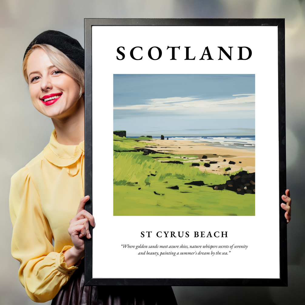 Person holding a poster of St Cyrus Beach