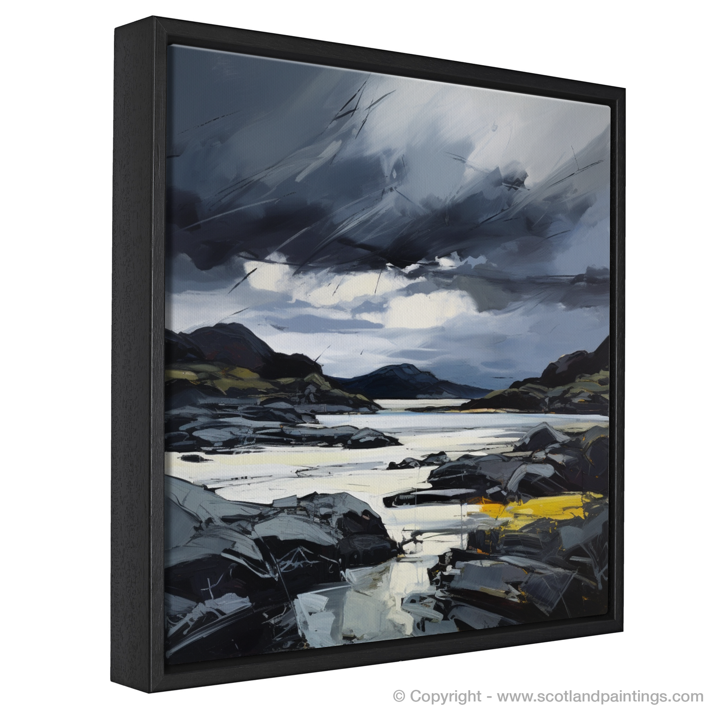 Painting and Art Print of Lochinver Bay with a stormy sky entitled "Storm over Lochinver Bay: An Expressionist Ode to Scottish Coves".