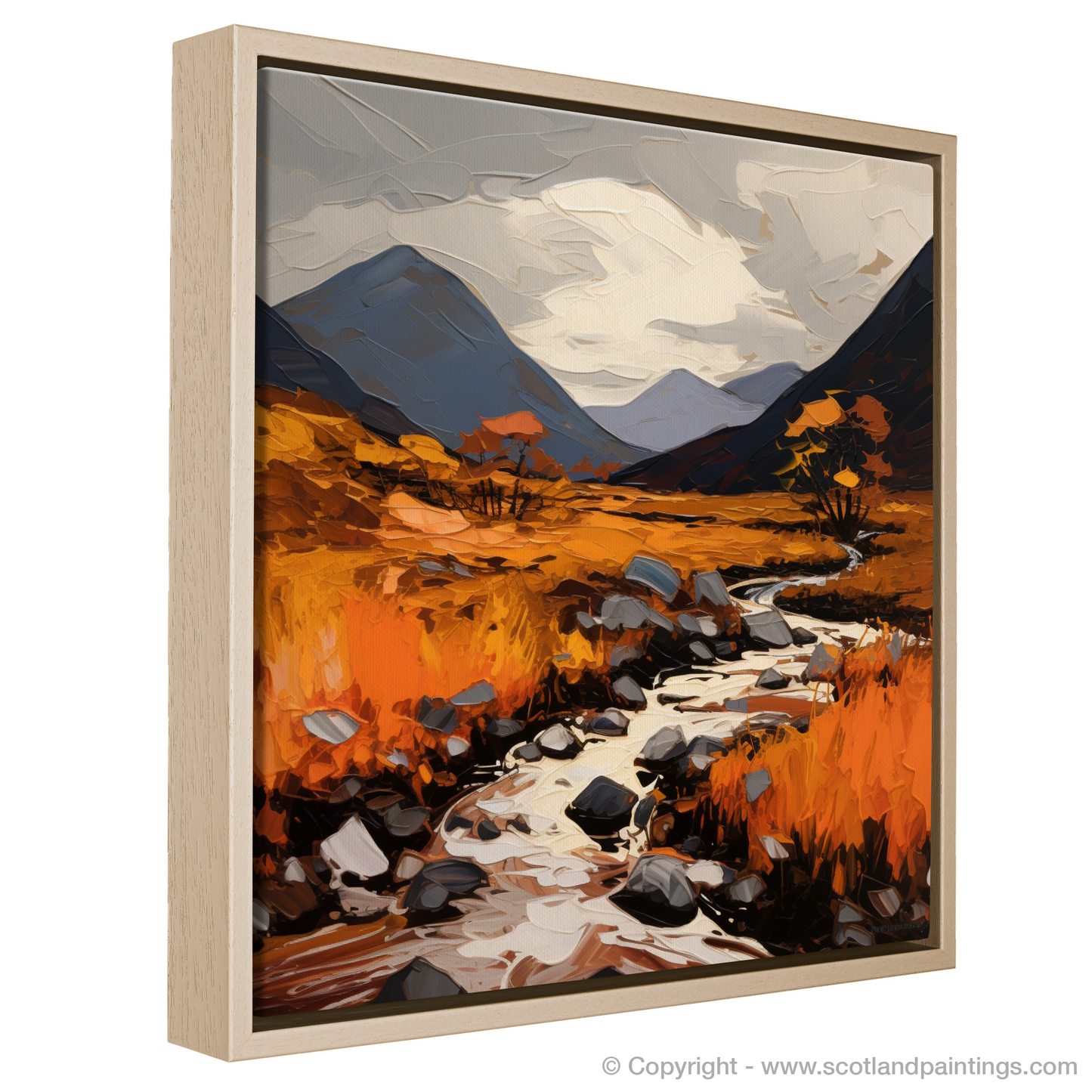 Painting and Art Print of Autumn hues in Glencoe entitled "Autumn Blaze in Glencoe: An Expressionist Odyssey".