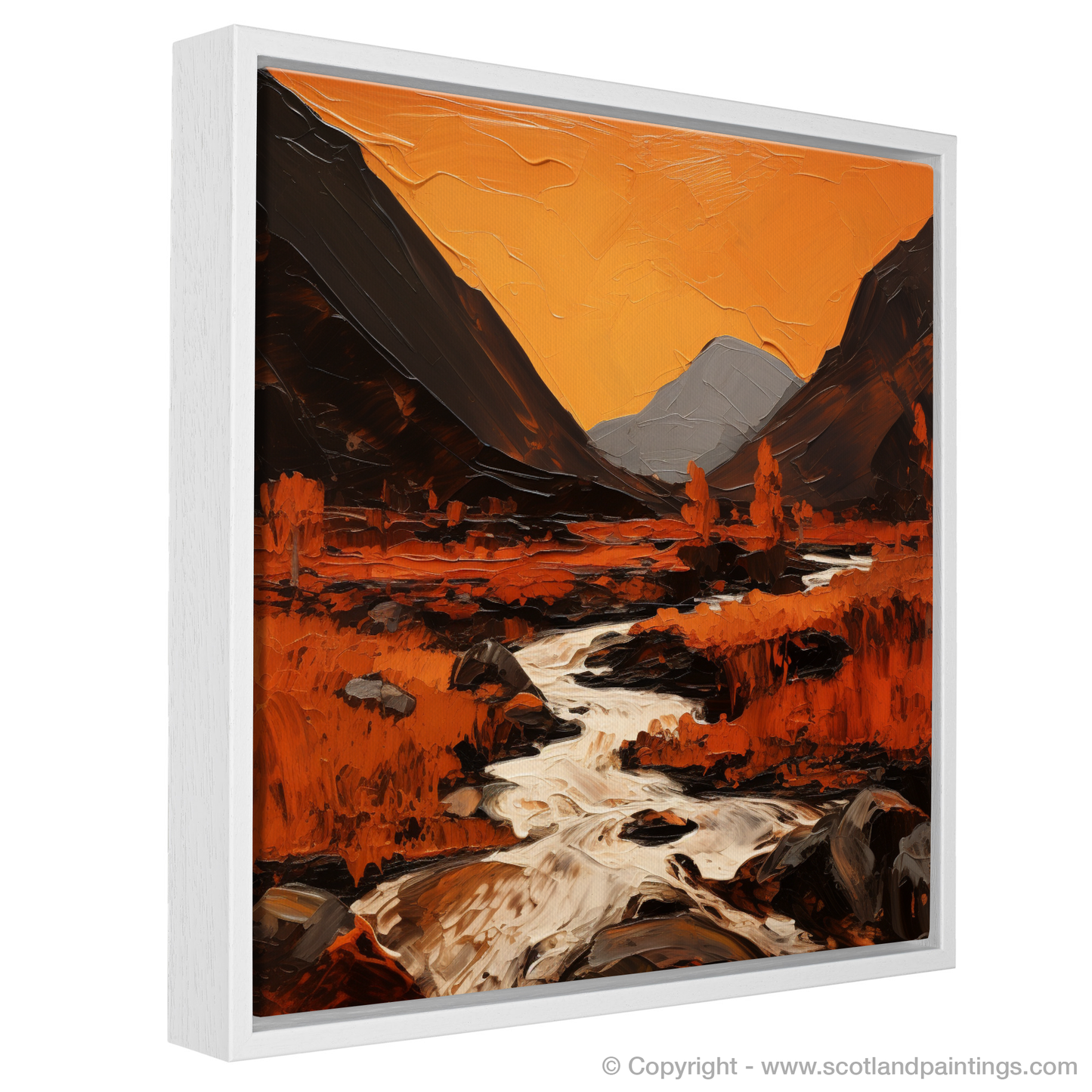 Painting and Art Print of Autumn hues in Glencoe entitled "Autumn Drama in Glencoe: An Expressionist Journey Through the Highlands".