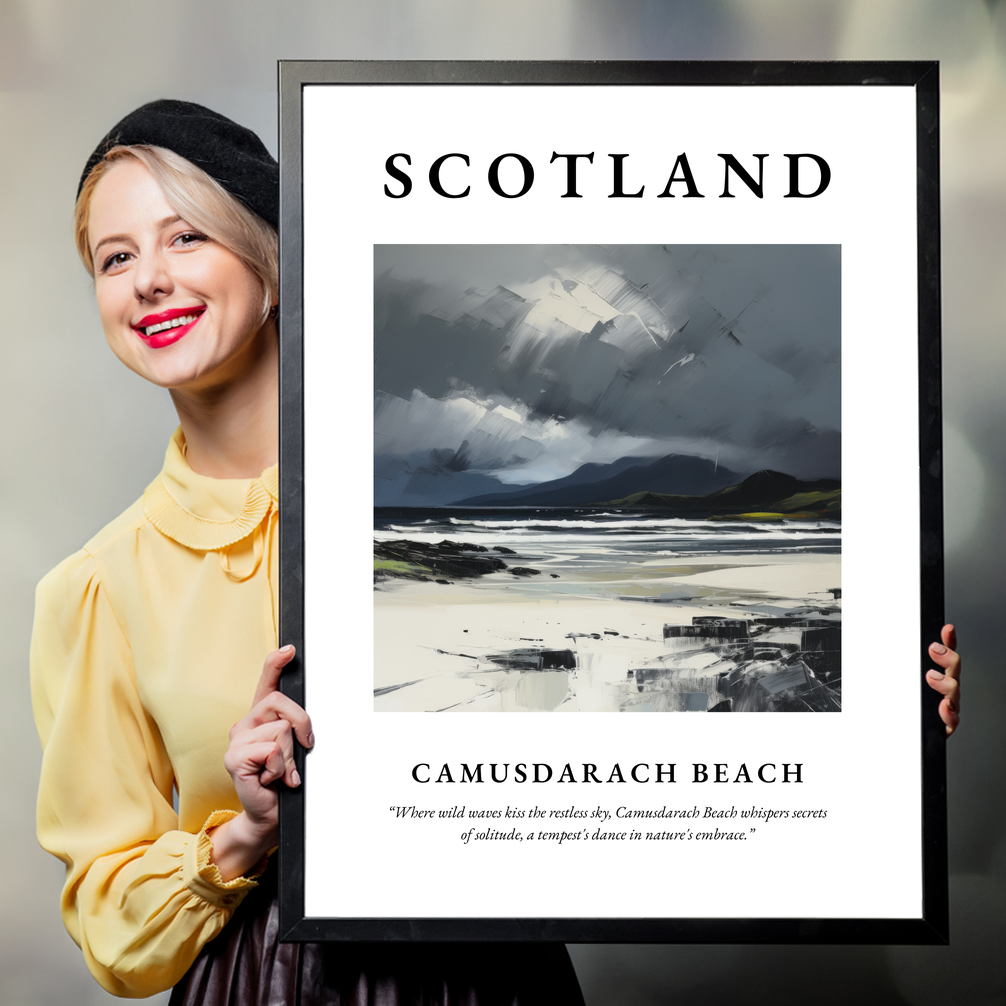 Person holding a poster of Camusdarach Beach