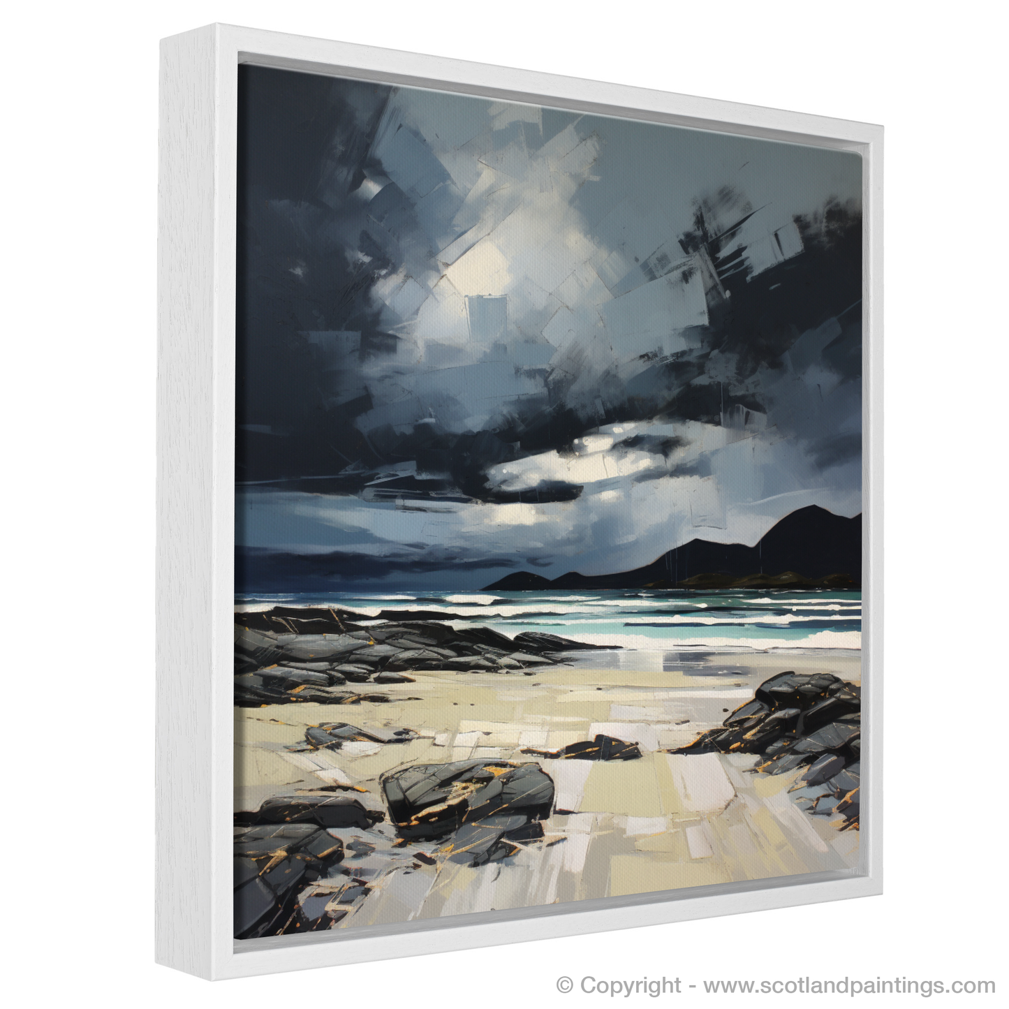 Painting and Art Print of Camusdarach Beach with a stormy sky. Stormy Splendour over Camusdarach Beach.