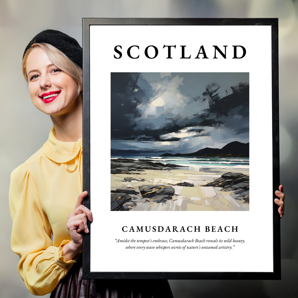 Person holding a poster of Camusdarach Beach