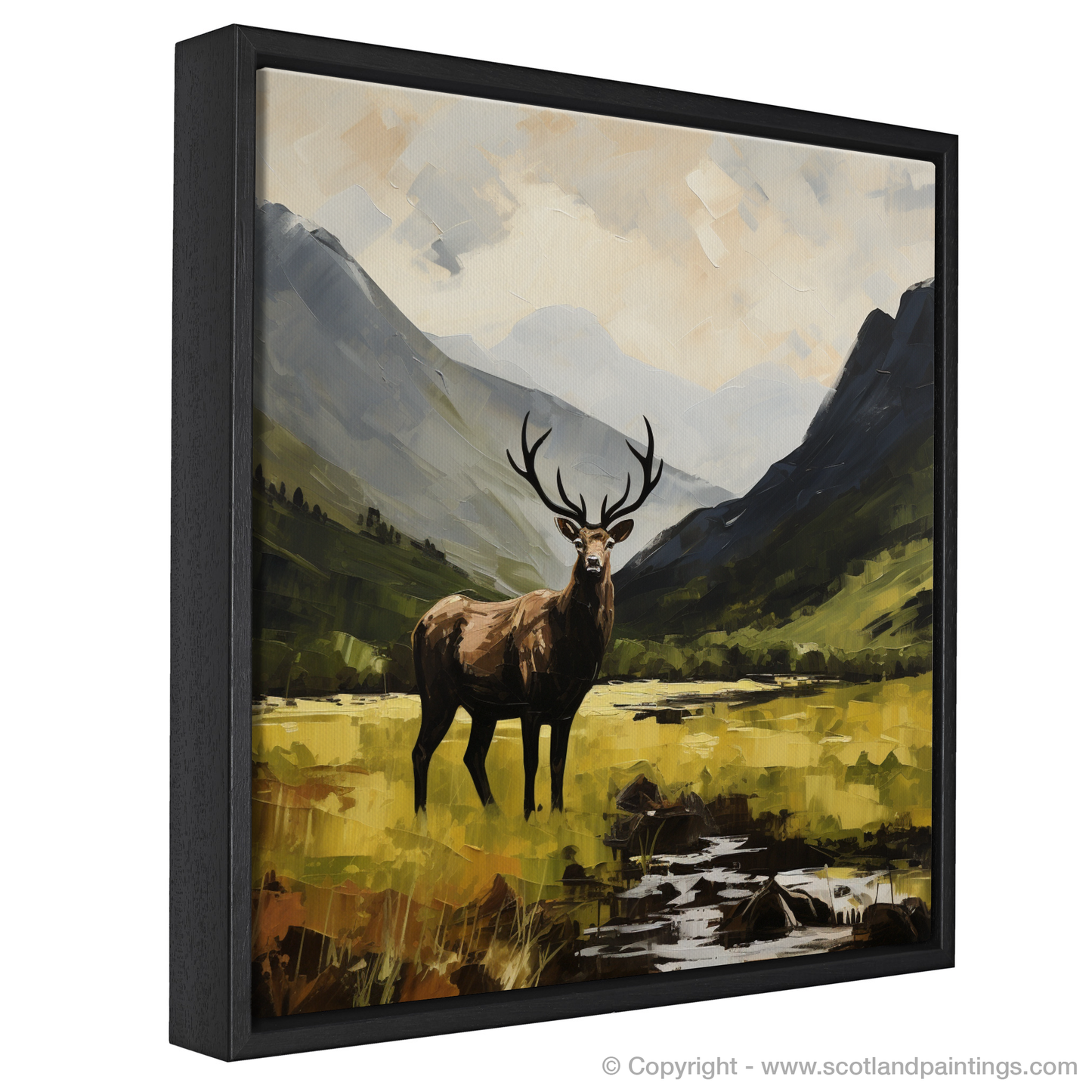 Painting and Art Print of A stag in Glencoe during summer entitled "Majestic Stag of Glencoe Summer".