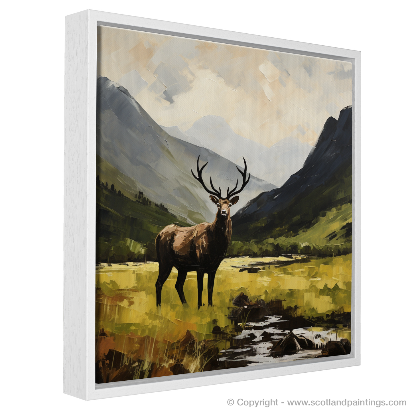 Painting and Art Print of A stag in Glencoe during summer entitled "Majestic Stag of Glencoe Summer".