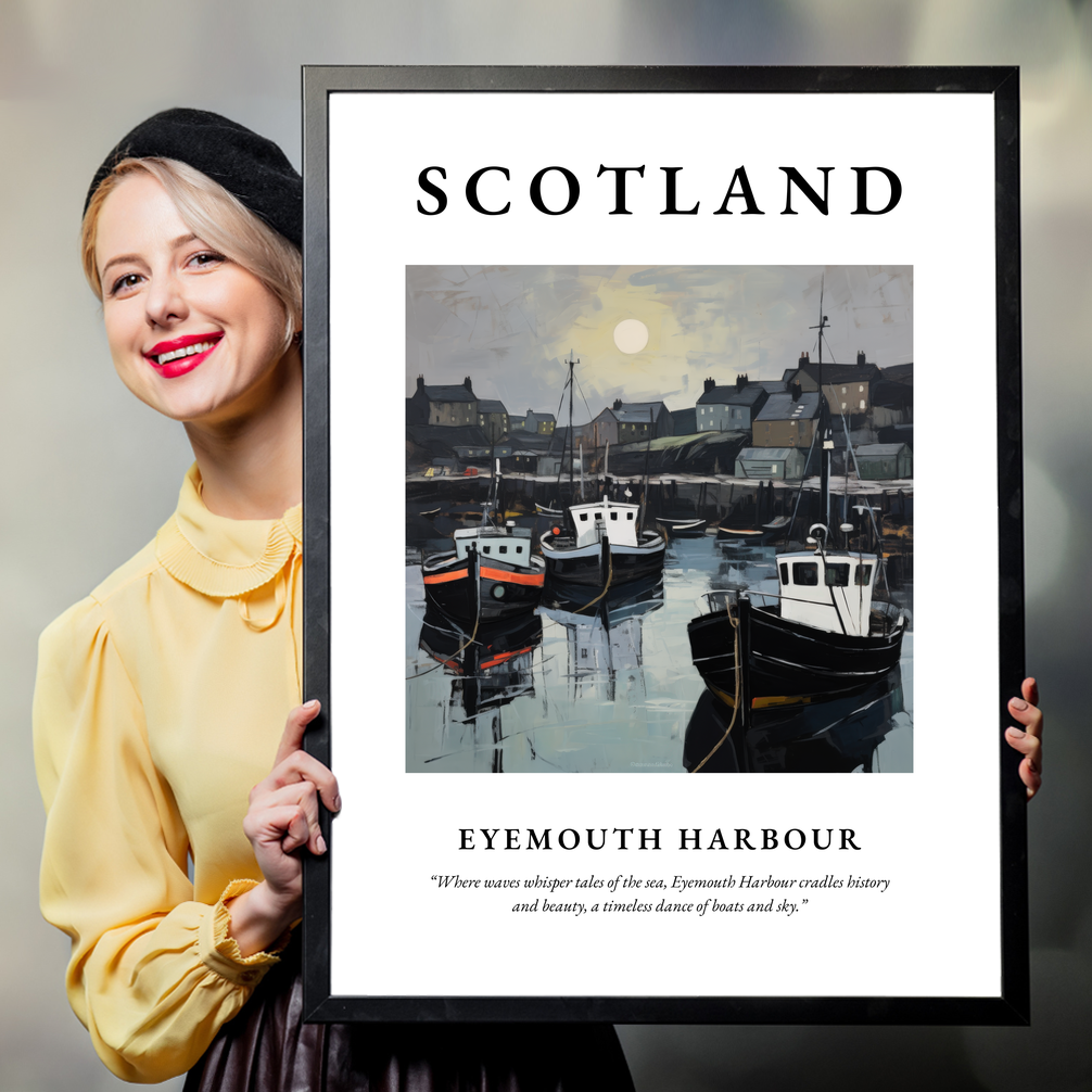 Person holding a poster of Eyemouth Harbour