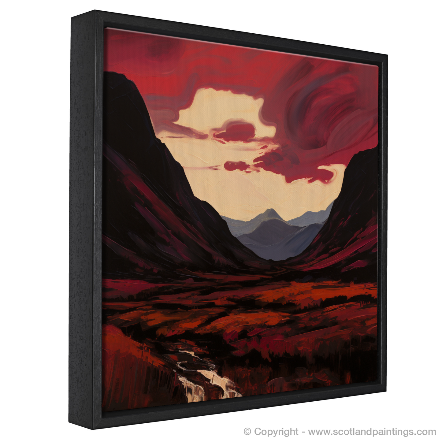 Painting and Art Print of Crimson clouds over valley in Glencoe entitled "Crimson Clouds Dance Over Glencoe Valley".