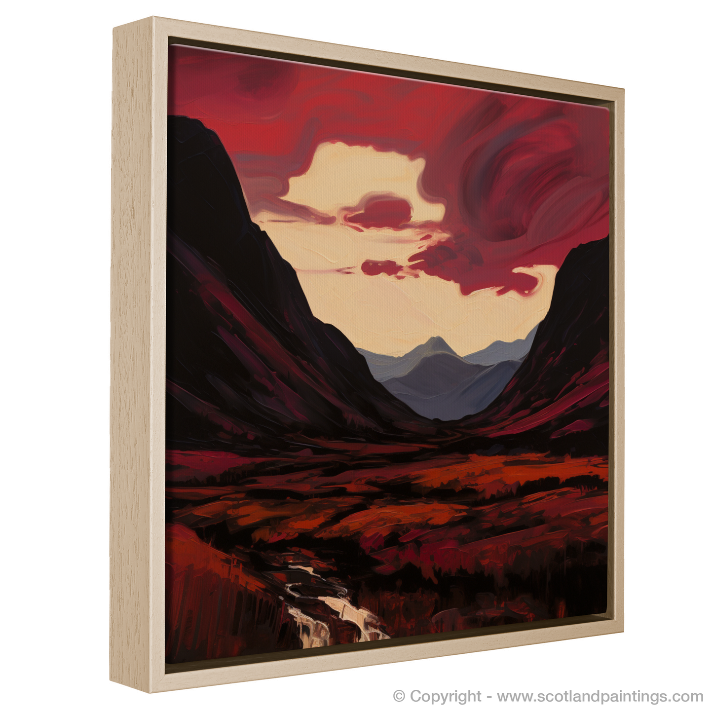 Painting and Art Print of Crimson clouds over valley in Glencoe entitled "Crimson Clouds Dance Over Glencoe Valley".