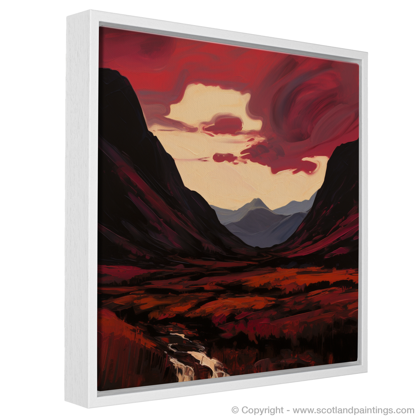 Painting and Art Print of Crimson clouds over valley in Glencoe entitled "Crimson Clouds Dance Over Glencoe Valley".