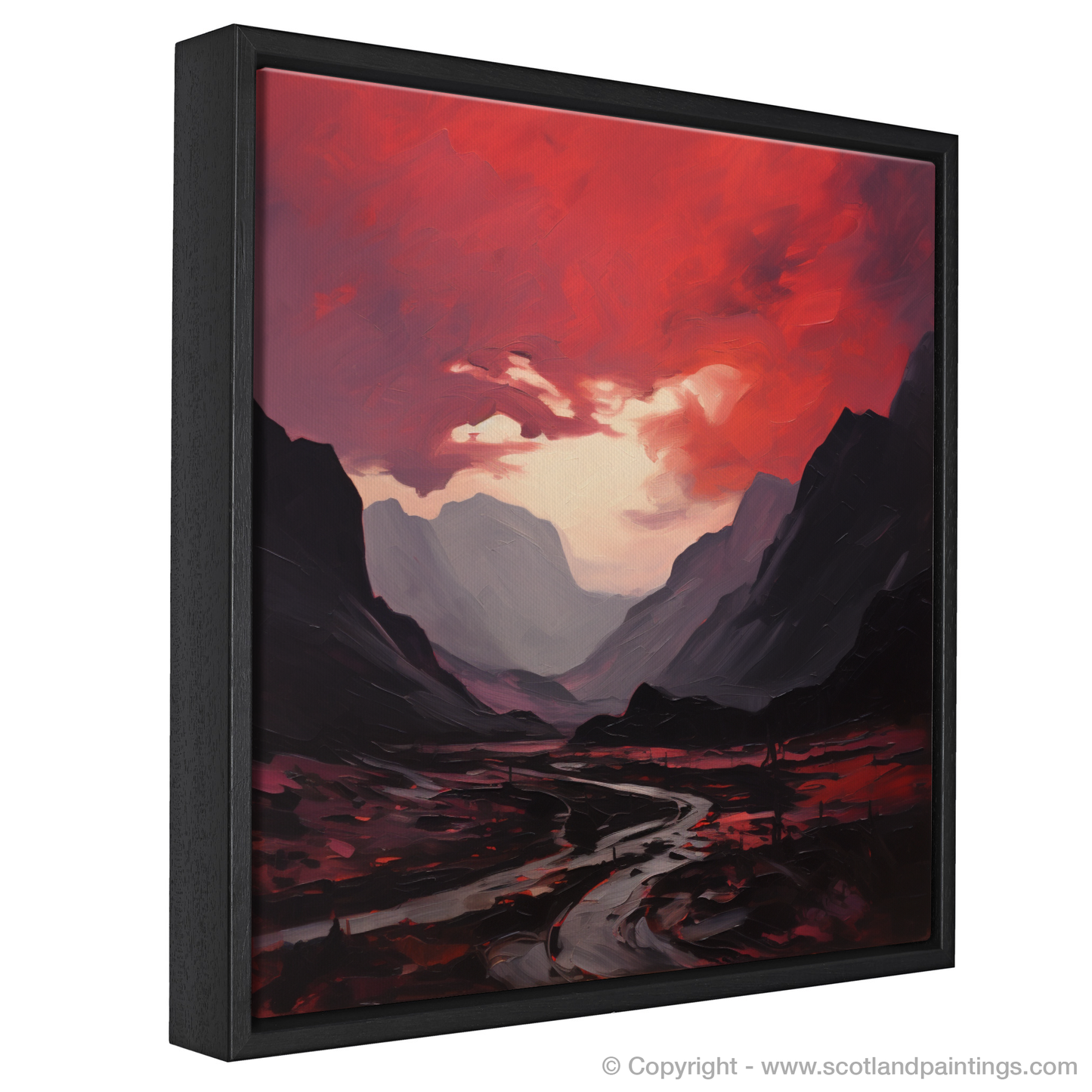 Painting and Art Print of Crimson clouds over valley in Glencoe entitled "Crimson Clouds Over Glencoe Valley: An Expressionist Ode".