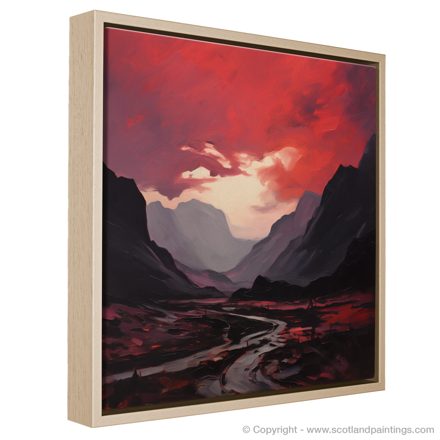 Painting and Art Print of Crimson clouds over valley in Glencoe entitled "Crimson Clouds Over Glencoe Valley: An Expressionist Ode".