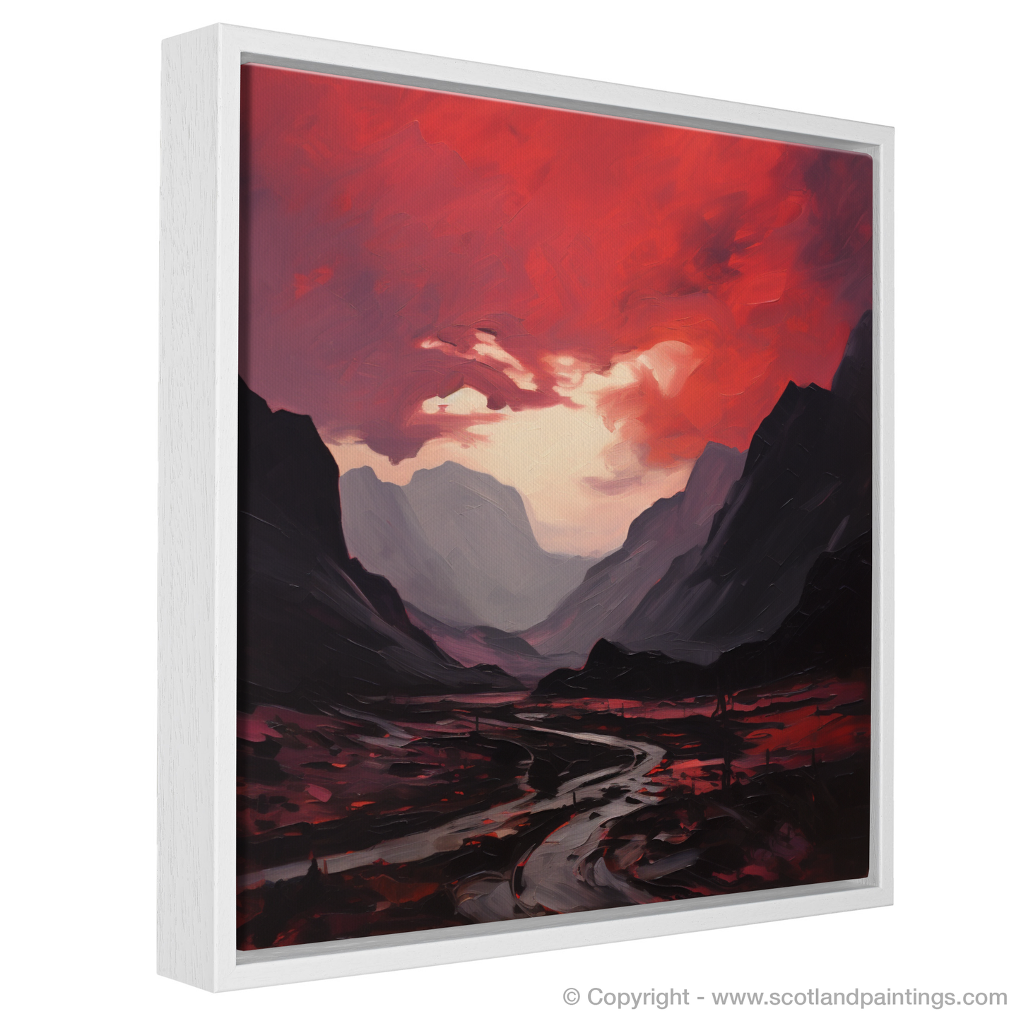 Painting and Art Print of Crimson clouds over valley in Glencoe entitled "Crimson Clouds Over Glencoe Valley: An Expressionist Ode".