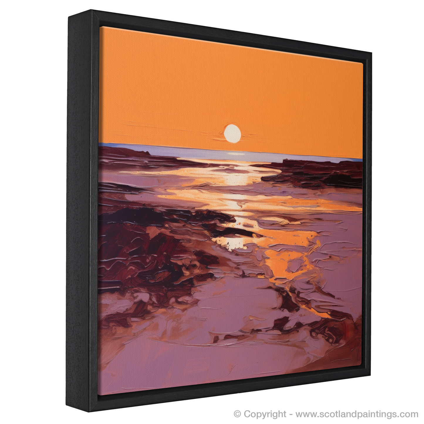 Painting and Art Print of Balmedie Beach at golden hour entitled "Golden Hour Embrace at Balmedie Beach".