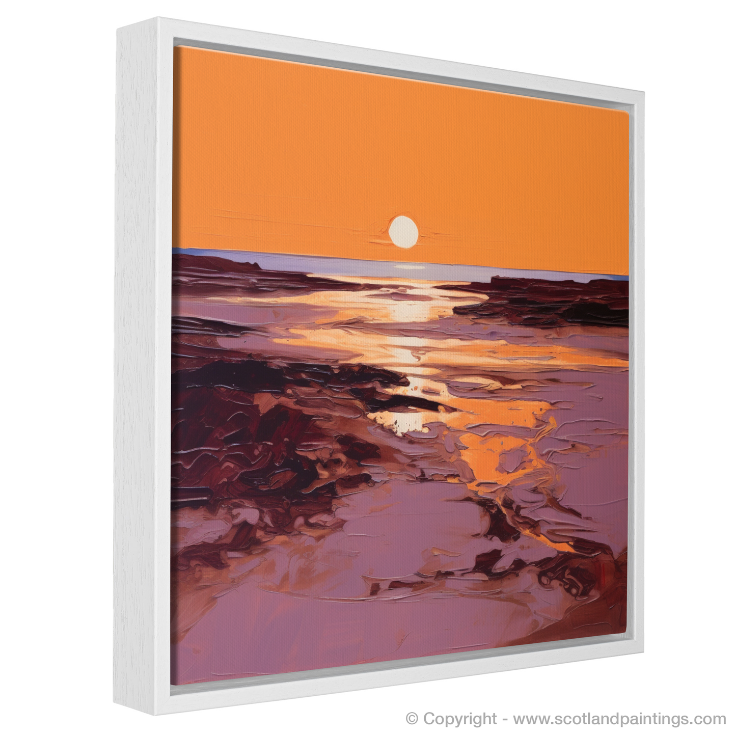 Painting and Art Print of Balmedie Beach at golden hour entitled "Golden Hour Embrace at Balmedie Beach".