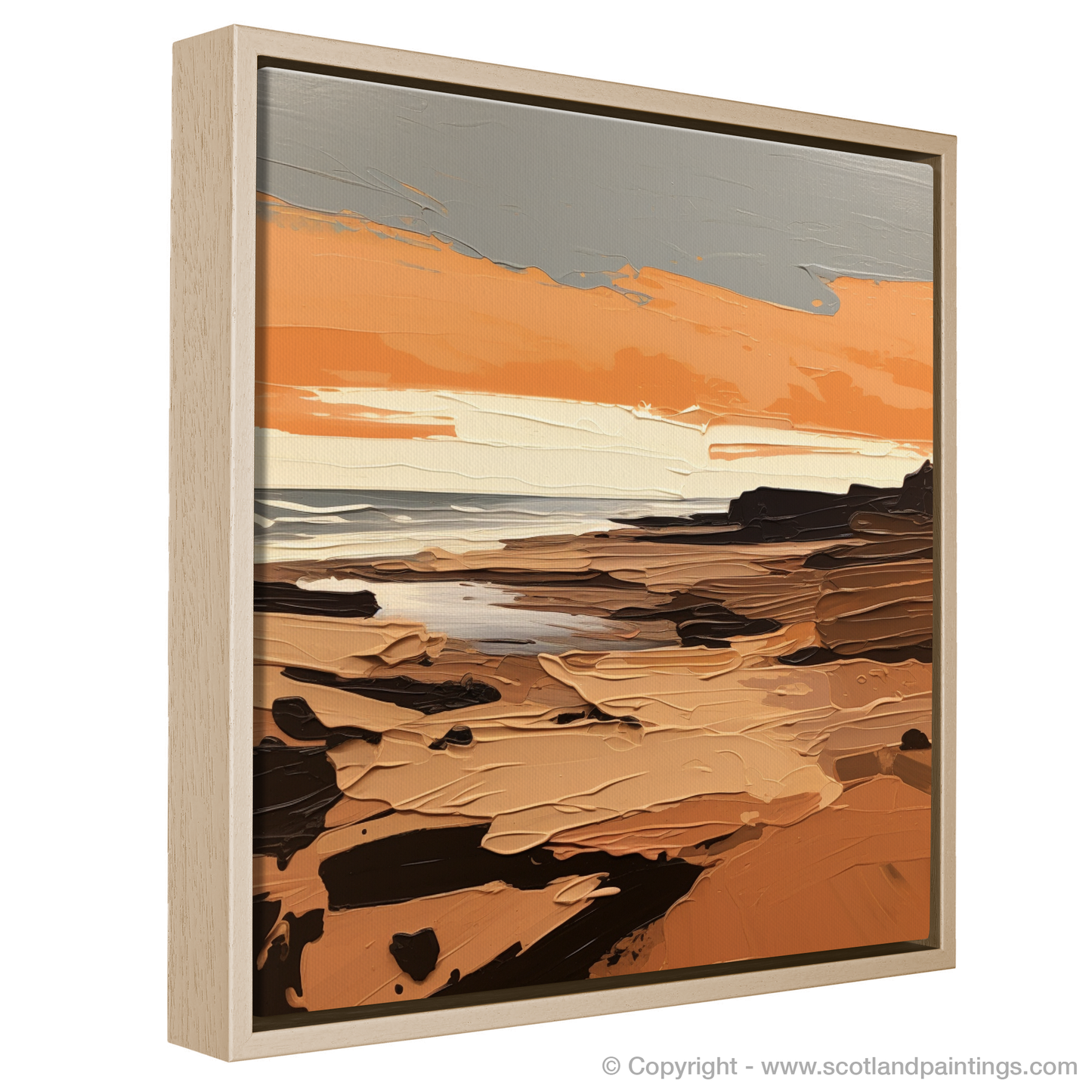 Painting and Art Print of Balmedie Beach at golden hour entitled "Golden Hour Embrace at Balmedie Beach".