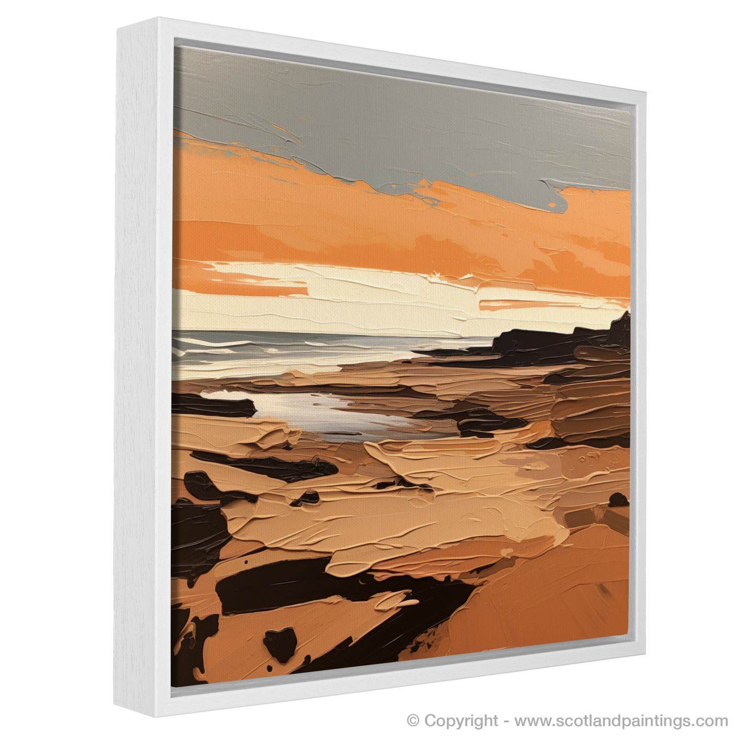 Painting and Art Print of Balmedie Beach at golden hour entitled "Golden Hour Embrace at Balmedie Beach".