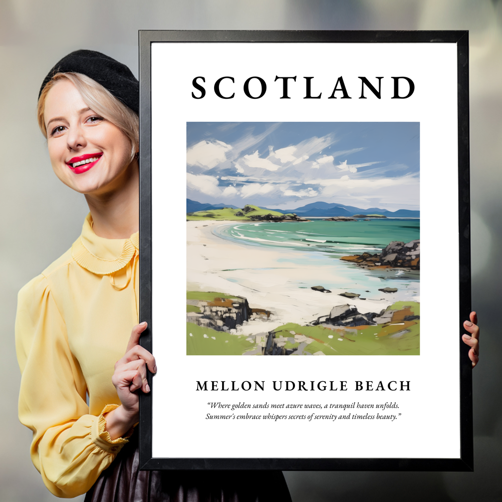 Person holding a poster of Mellon Udrigle Beach