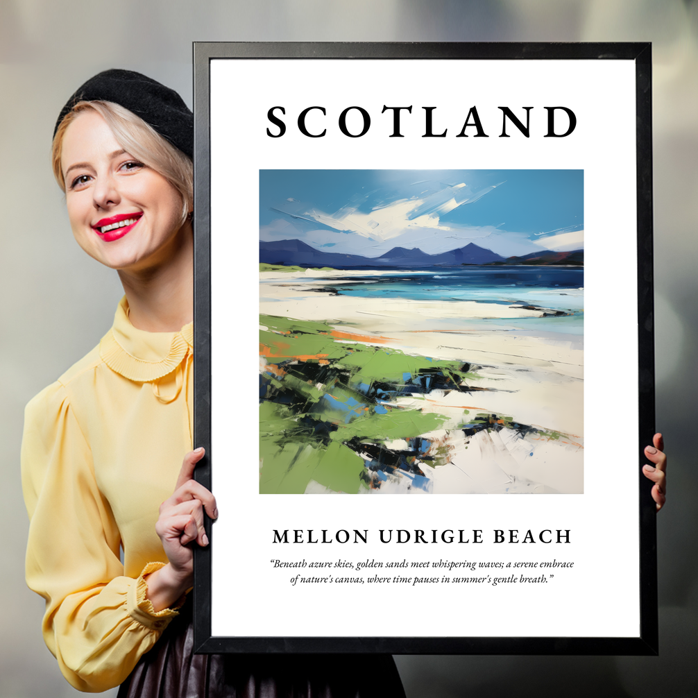 Person holding a poster of Mellon Udrigle Beach