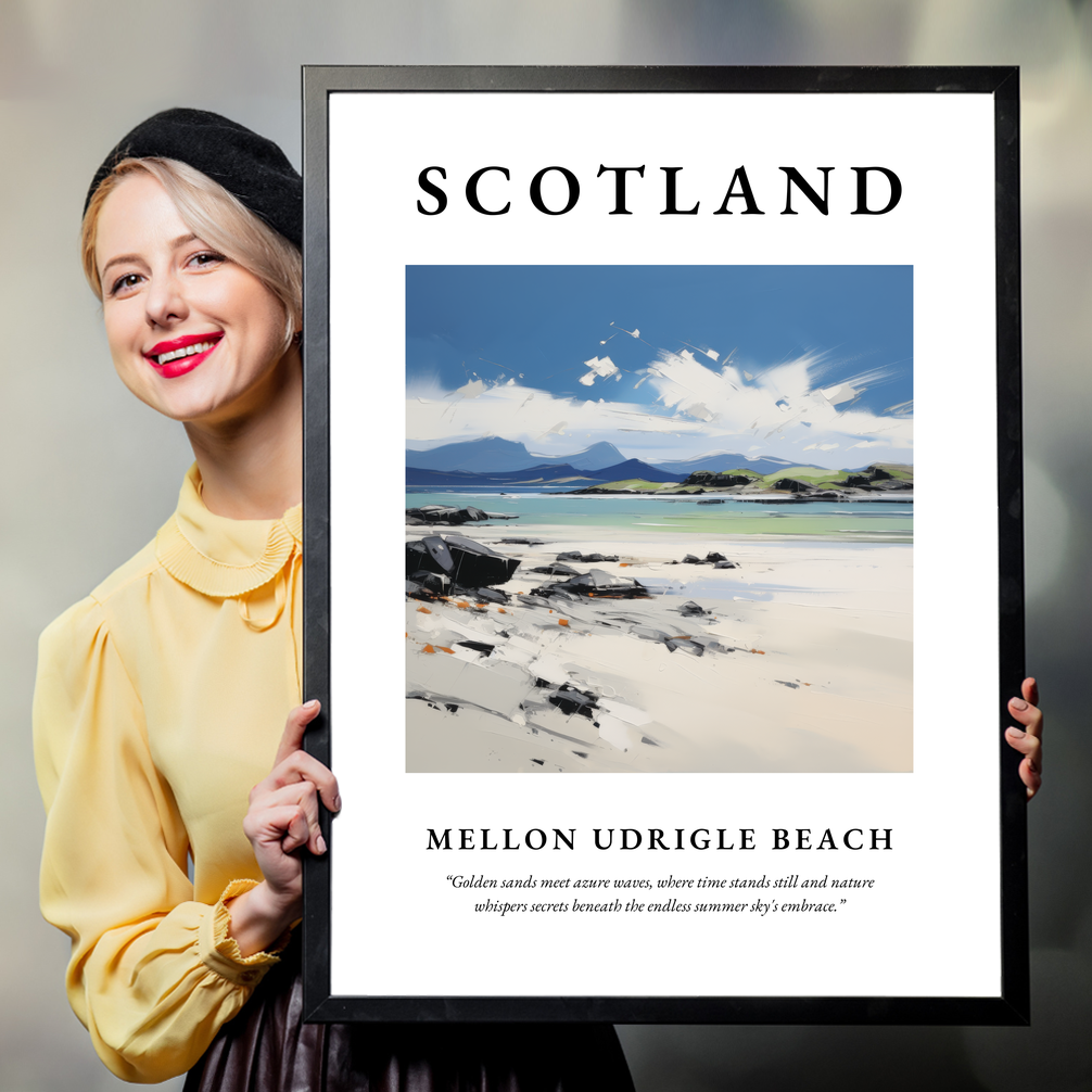 Person holding a poster of Mellon Udrigle Beach