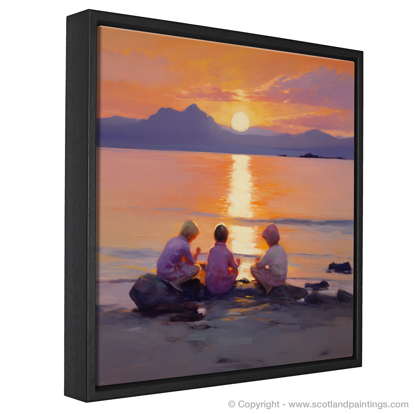 Painting and Art Print of Young explorers watching the sunset over the Isle of Arran from the peaceful Saltcoats Beach entitled "Sunset Serenade at Saltcoats Beach with the Isle of Arran".