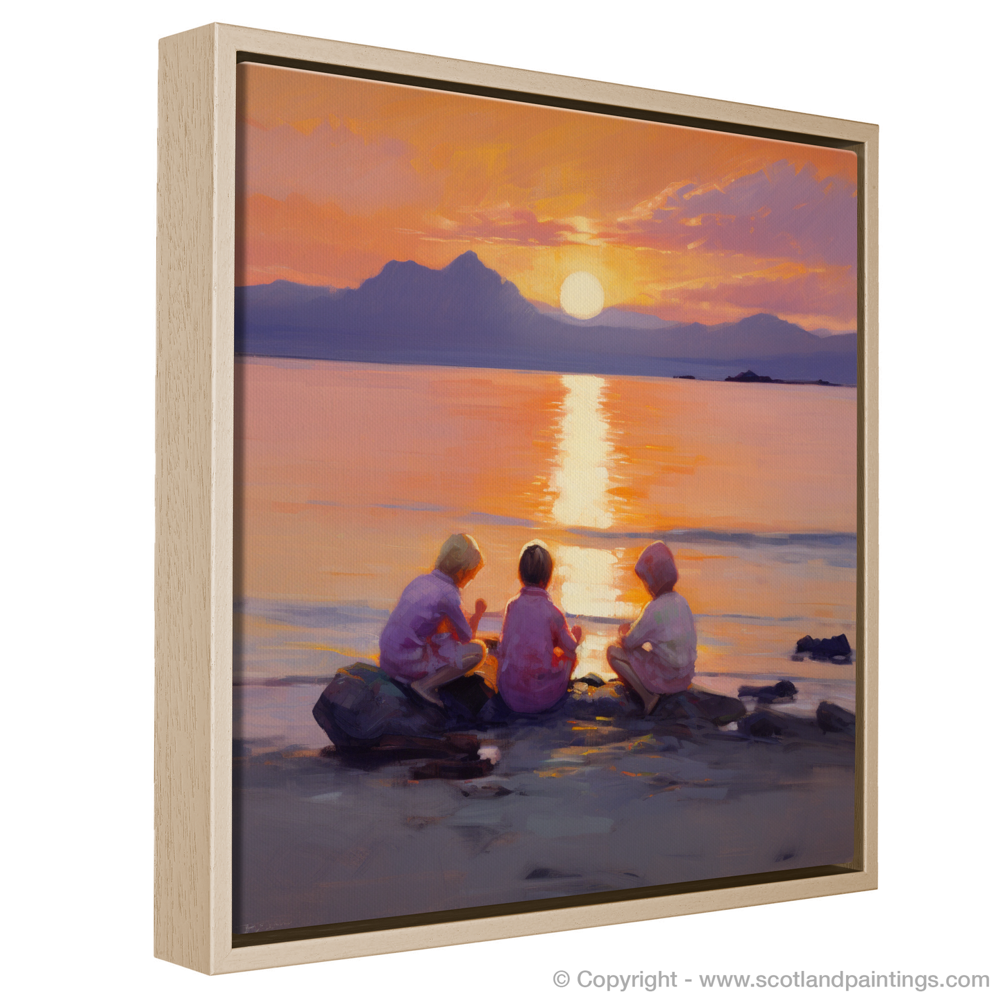 Painting and Art Print of Young explorers watching the sunset over the Isle of Arran from the peaceful Saltcoats Beach entitled "Sunset Serenade at Saltcoats Beach with the Isle of Arran".